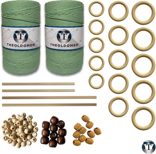 XXL Macramé Pakket | 400 METER | Incl. Handleiding | Mintgroen | Starter Set | Ringen | Kralen | Stokken | Macramé Touw | 3mm | 100% Katoen | Macramé | Decoratie | DIY | Doe Het Zelf | Wandkleed | Dromenvanger | Plantenhanger | Tassen | TheOldOmen