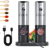 Goga - Peper en Zoutstellen - USB - Oplaadbaar- Elektrisch - Verstelbaar- Zwaartekracht functie -Pepermolen- Zoutmolen- Kruidenmolen - Keukengerei- LED - RVS - Automatisch- Set van 2-Incl. accessoires