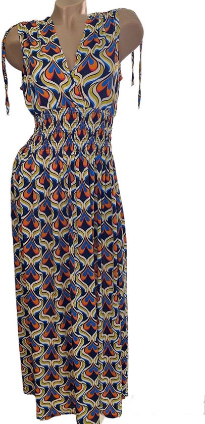 Dames maxi jurk met hartenprint L/XL (40-44) Donkerblauw/blauw/oranje/groen