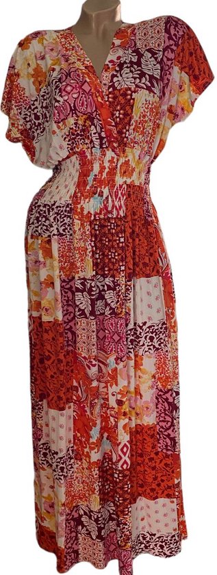 Dames maxi jurk met patchwork print S/M (36-40) Rood/oranje/roze/wit