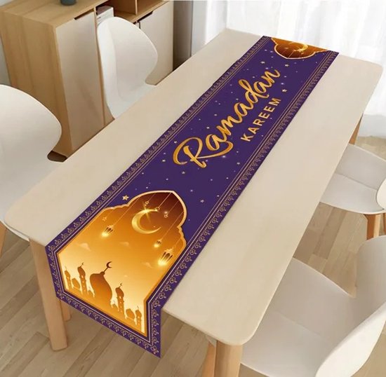Teslite Ramadan Tafelloper, Eid Mubarak Ramadan Decor, Maan Ster Islamitische Loper Tafelkleed Cover Thuis Dineren Moslim Festival Feest Viering, Paars Goud