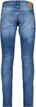 Achterkant van een lichtblauwe jeans, slim fit, met een stonewashed look en twee achterzakken.