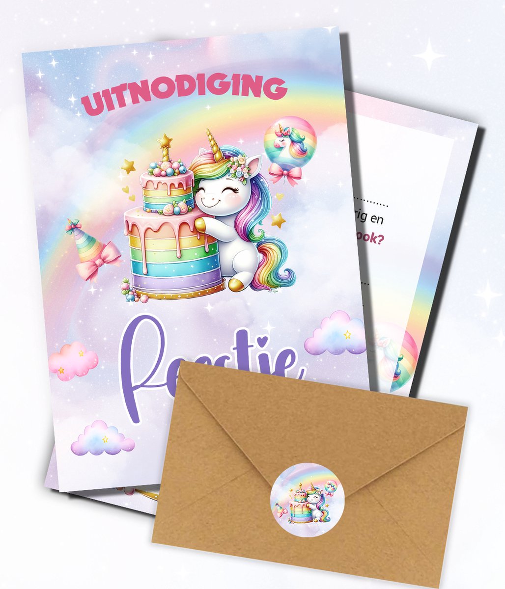 20x Uitnodiging Kinderfeestje + Enveloppen & Sluitstickers (20 kaartjes & 20 enveloppen) Beschrijfbaar - Thema Unicorn - Uitnodiging verjaardag - Jongen of meisje - uitnodigingskaarten + kraft envelop - Verjaardag Feest