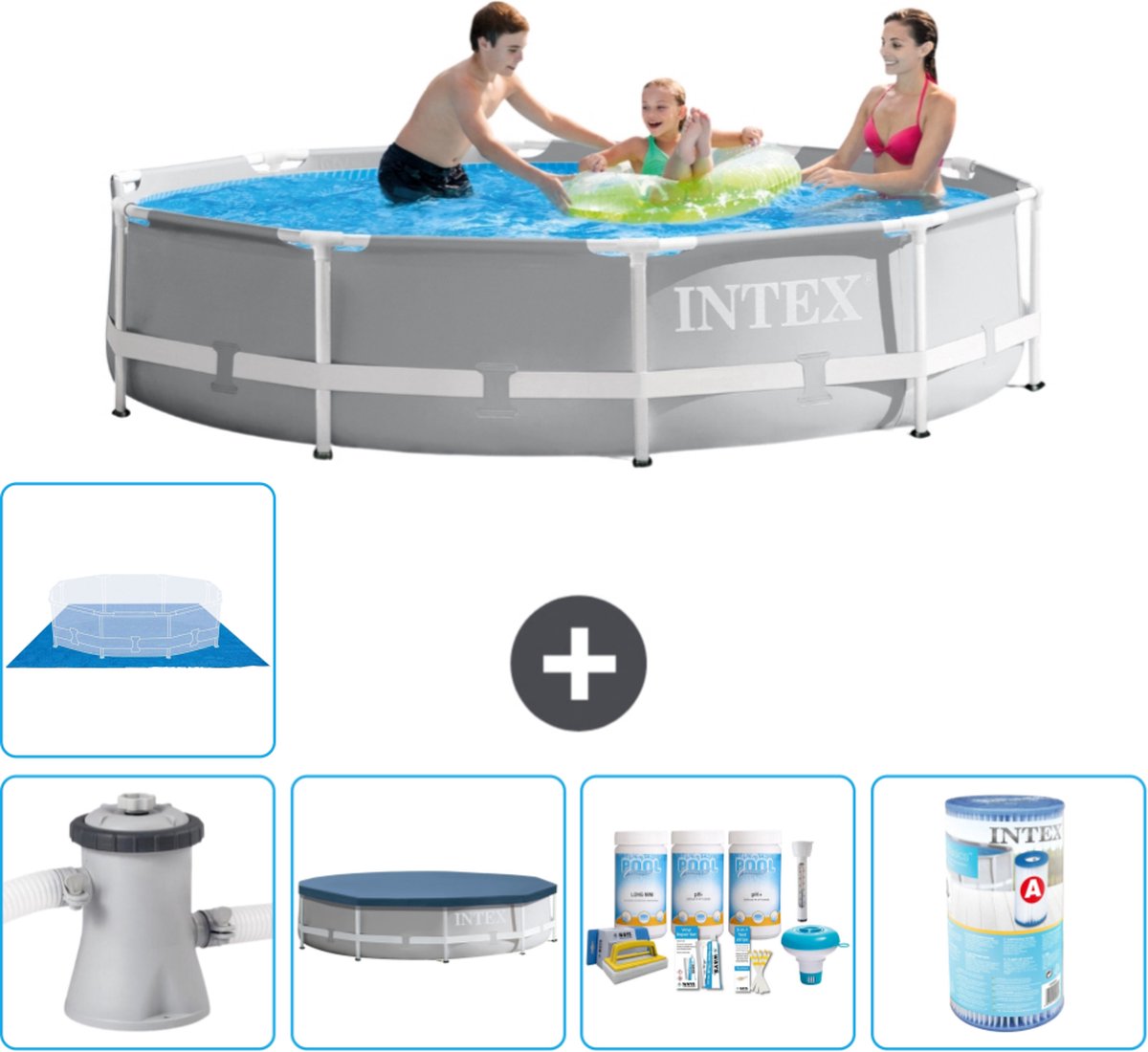 Intex Rond Prism Frame Zwembad – 305 x 76 cm – Grijs – Inclusief Pomp Afdekzeil – Onderhoudspakket – Filter – Grondzeil – Solar Mat