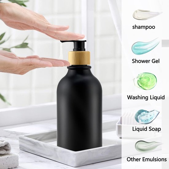 MONOKO Set van 4 zeepdispensers bruin mat van glas | shampoo flessen om te vullen | 250 ml afwasmiddeldispenser keuken | dispenser pompkop roestvrij staal | pompfles sticker
