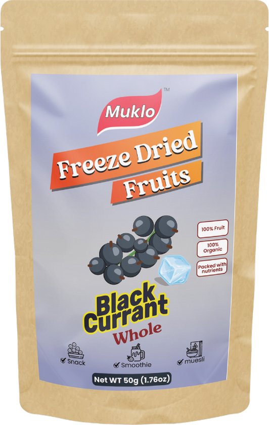 Muklo - Freeze Dried Fruits (Gevriesdroogd Fruit) - Black Currant (Zwarte bes) Whole- 50 Gram - Gezonde snack - Zonder toevoegingen - 100% fruit - Vegan