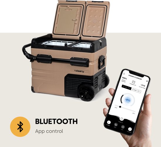 Steamy-E Dual Zone Roller Elektrische Compressor Koelbox Op Wielen - Dual Zone - 45 liter - 12V en 230V - voor auto en camping - Sandstone van Steamy — afbeelding 4