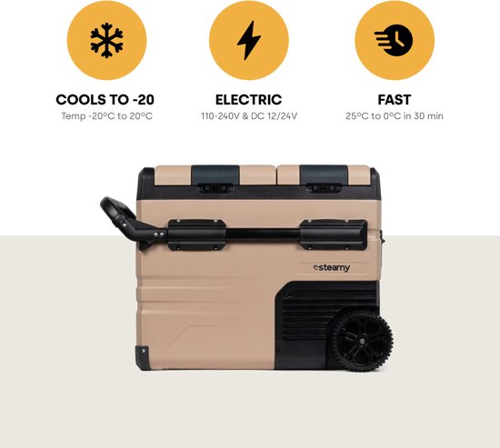 Steamy-E Dual Zone Roller Elektrische Compressor Koelbox Op Wielen - Dual Zone - 45 liter - 12V en 230V - voor auto en camping - Sandstone van Steamy — afbeelding 2
