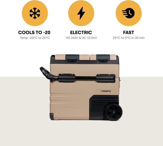 Steamy-E Dual Zone Roller Elektrische Compressor Koelbox Op Wielen - Dual Zone - 54 liter - 12V en 230V - voor auto en camping - Sandstone van Steamy — afbeelding 2