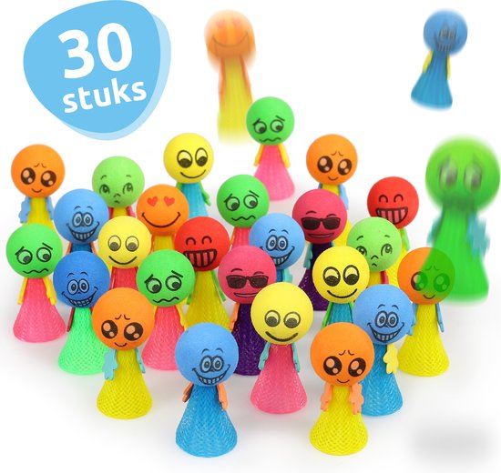 Dertig springende smiley figuren in verschillende kleuren en met expressieve gezichten.
