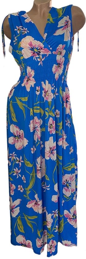 Dames maxi jurk met bloemenprint S/M (36-40) Blauw/wit/paars/groen