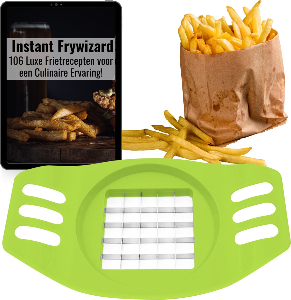 Ten Frietsnijder + 106 FRIETRECEP Patatsnijder met RVS Messen Groentefriet Frietpers Verse Friet Airfryer Groen