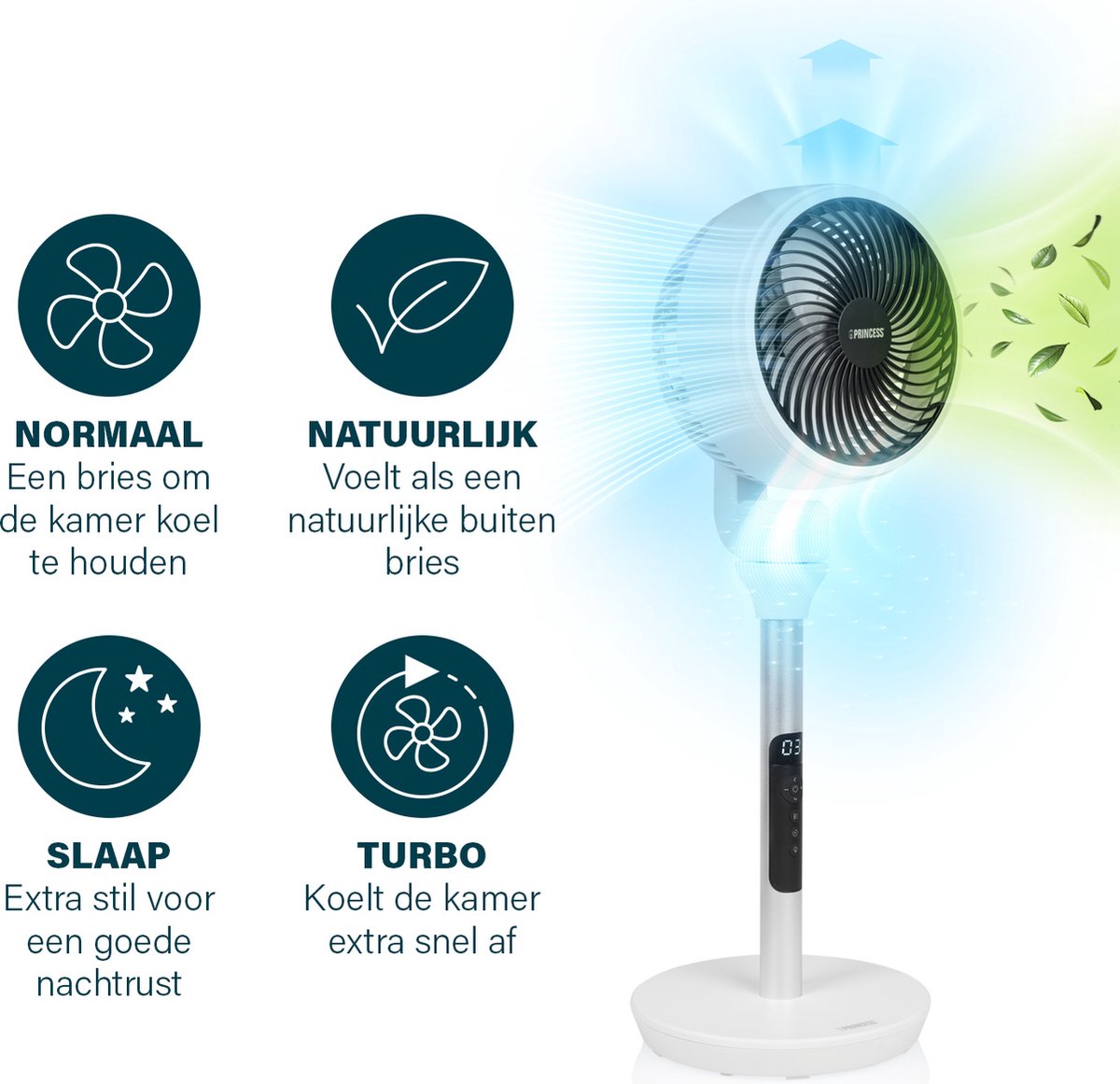 Princess 354555 Smart fluisterstille vloerventilator met unieke 3D Oscillatie ventilator voor slaapkamer Extra Stil 180° kantelbaar Incl. afstandsbediening en app 3 snelheden wit modern design Slim energie efficiëntie DC-motor