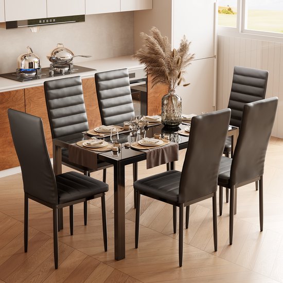 Foto: Bealife tb41d eettafel en stoelen voor 6 personen moderne eetkamer stoelen set met pu leer huis meubilair 120x75x70cm zwart