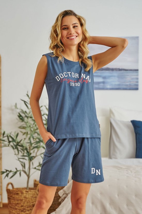 Doctor Nap Sportieve Katoenen Pyjama Dames Volwassenen | Mouwloze Korte Broek | Shortama | Leisure Club Deep Blue PM.5371 40 / L