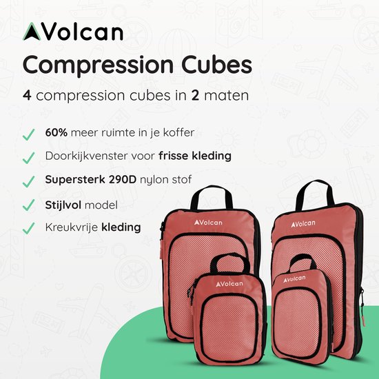 Volcan Compression Cubes d'emballage - Set organisateur de valise - Set de 4 - Avec fermeture éclair de compression - Pour sac à dos et valise - Vieux rose