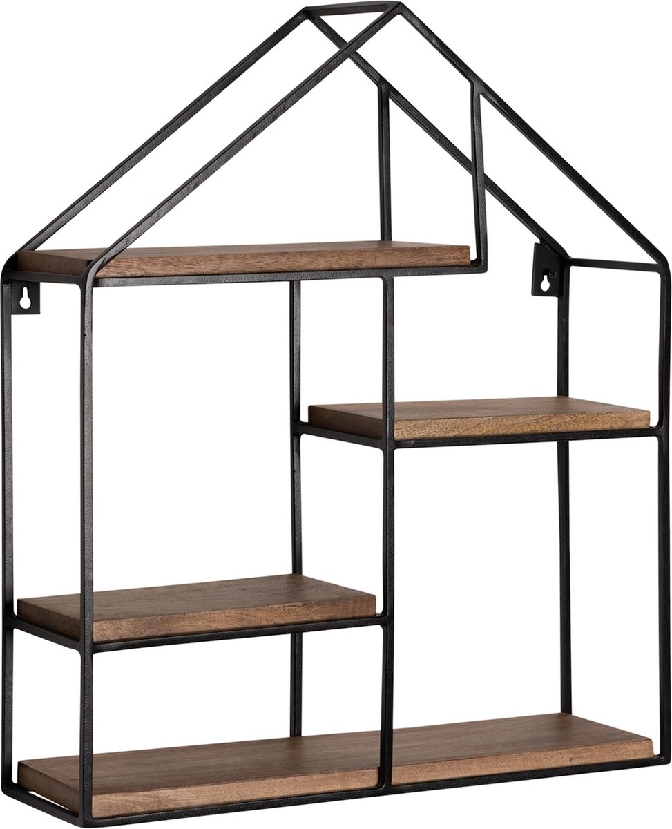 House Shape Wandplank - Moderne wanddecoratie - Massief hout - Metalen frame - Vier planken - Handgemaakt - Uniek ontwerp - 50 cm x 60 cm x 14 cm