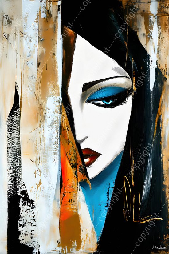 JJ-Art (Glas) 120x80 | Vrouw achter gordijn, abstract, modern surrealisme, kunst | gezicht, blauw, zwart wit, bruin, oog lippen | Foto-schilderij-glasschilderij-acrylglas-acrylaat-wanddecoratie