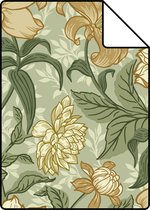 Proefstaal ESTAhome behang vintage bloemen groen en okergeel - 139379 - 26,5 x 21 cm