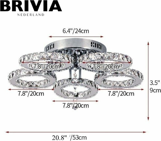 Brivia Kroonluchter - 5 Ringen - Hanglamp - Plafondlamp - Dimbaar - App bestuurbaar - inclusief Led-Lampen - 53x53x9,5cm