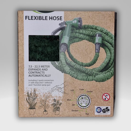 Flexible Hose - Flexibele tuinslang - Elastische Flexibele Tuinslang – 22,5 Meter - inclusief 7 standen sproeikop - Tuv