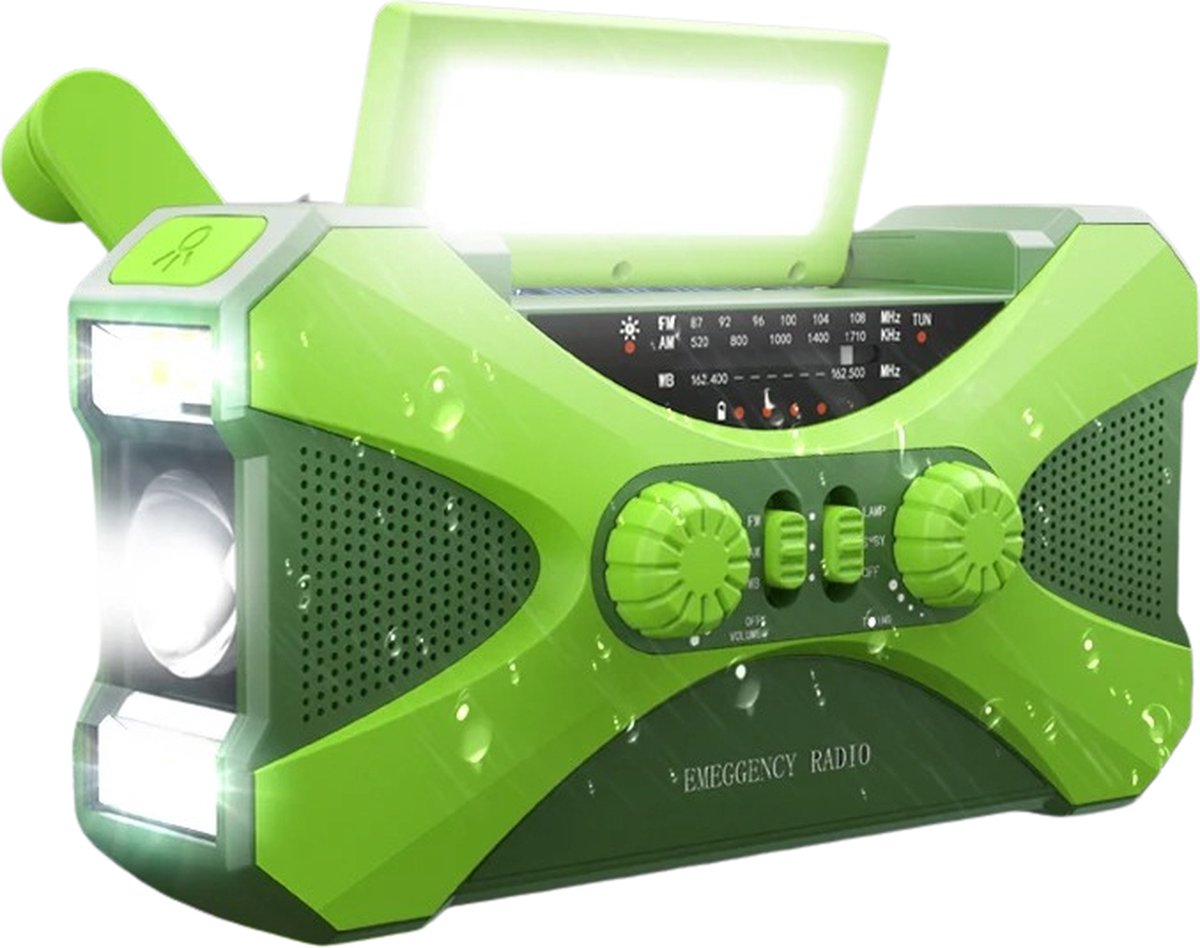 ValueStar Noodradio - Noodpakket - Noodradio Solar Opwindbaar - Noodradio Opwindbaar - SOS alarm- Zonnepaneel - 10000mAh - Powerbank - Kampeer-Radio - Solar - Groen