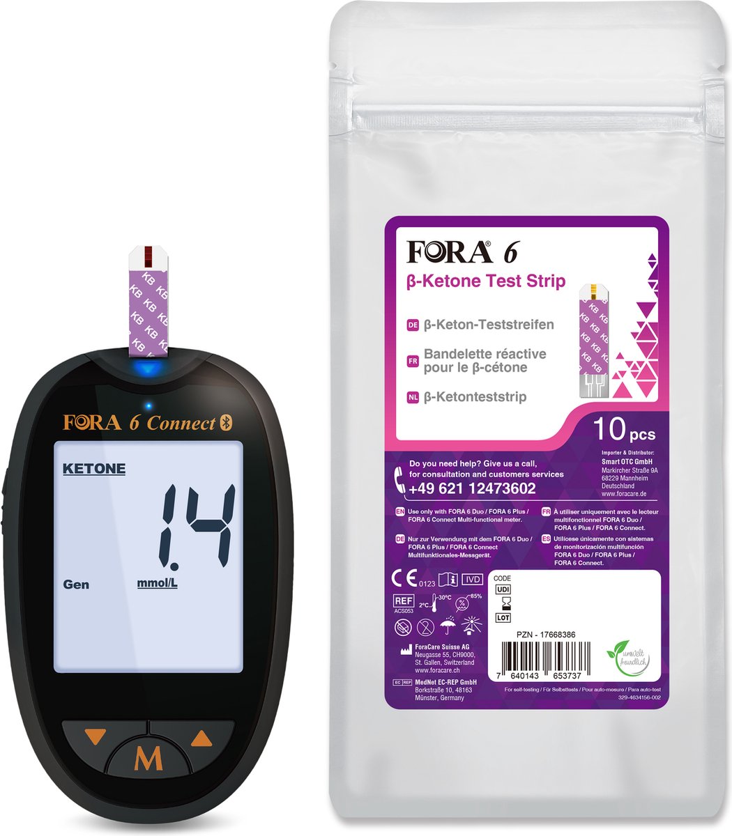 Goedkoopste Fora 6 Connect - 6-in-1 ketonenmeter startpakket | Ketonentesten | Ketose dieet | incl. 10 Fora 6 ketonen zelftest teststrips