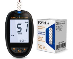 Fora 6 Connect - 6-in-1 glucosemeter startpakket (glucose, cholesterol, urinezuur, ketonen, hematocriet & hemoglobine), incl. 50 Fora 6 glucose teststrips