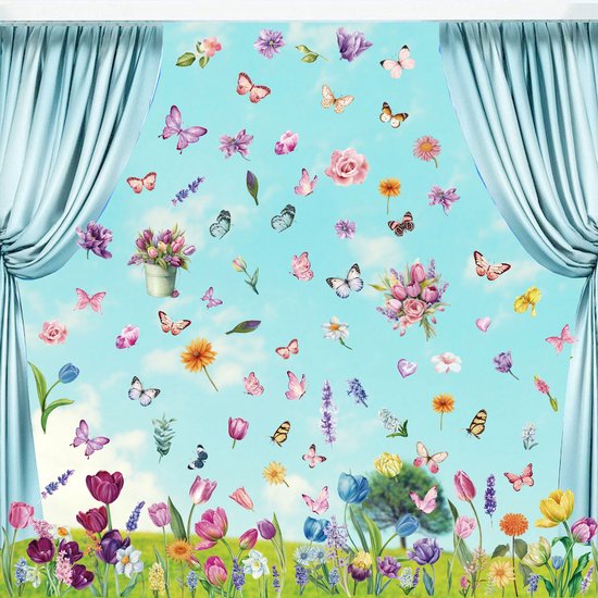 Statische raamsticker bloemen en vlinders 9 vellen | Bloem | Vogels | Statische Raamfolie | Dubbelzijdig bedrukt | Tuin | Poster | Raamdecoratie | Raamfolie | Woonkamer | Huis inrichting | Stickerkamer®