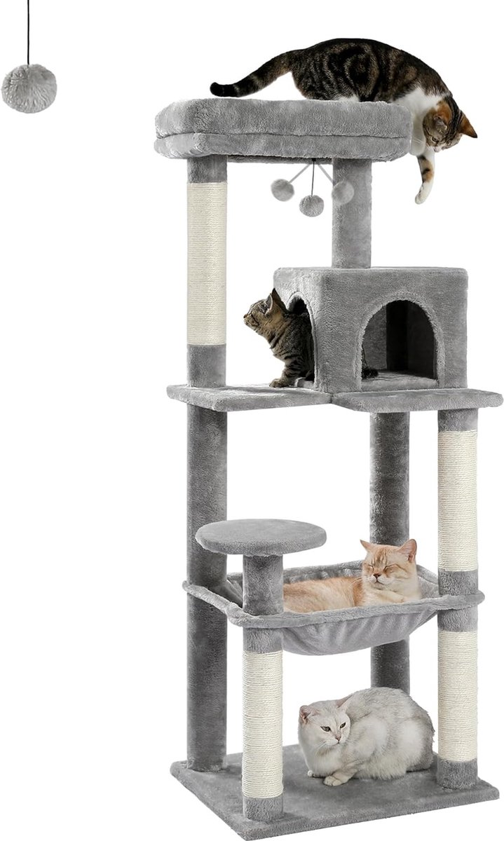 Kattentoren - Krabpaal - voor volwassen katten - Luxe kattenboom - grote kattenspeeltoren - aktiviteitencenter - stabiel - kattenboom met hangmat en mooi kattenhuis - grijs, 143 cm
