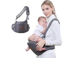 Ergonomische babydrager, Sunveno baby heupdrager, baby heupzitje met verstelbare riem en tas, baby heupkruk, praktische baby voordrager voor 0-20 kg baby (grijs (schouderbanden))