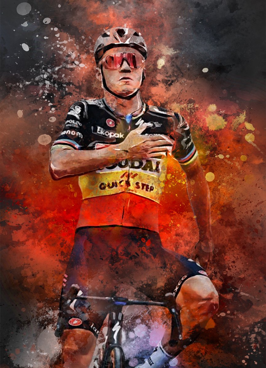 Evenepoel poster op A1 semi- glossy papier - 59.4x84 cm - Wielrennen poster - Unieke poster van Remco Evenepoel in wielrenners tenue met donkergrijze achtergrondkleur