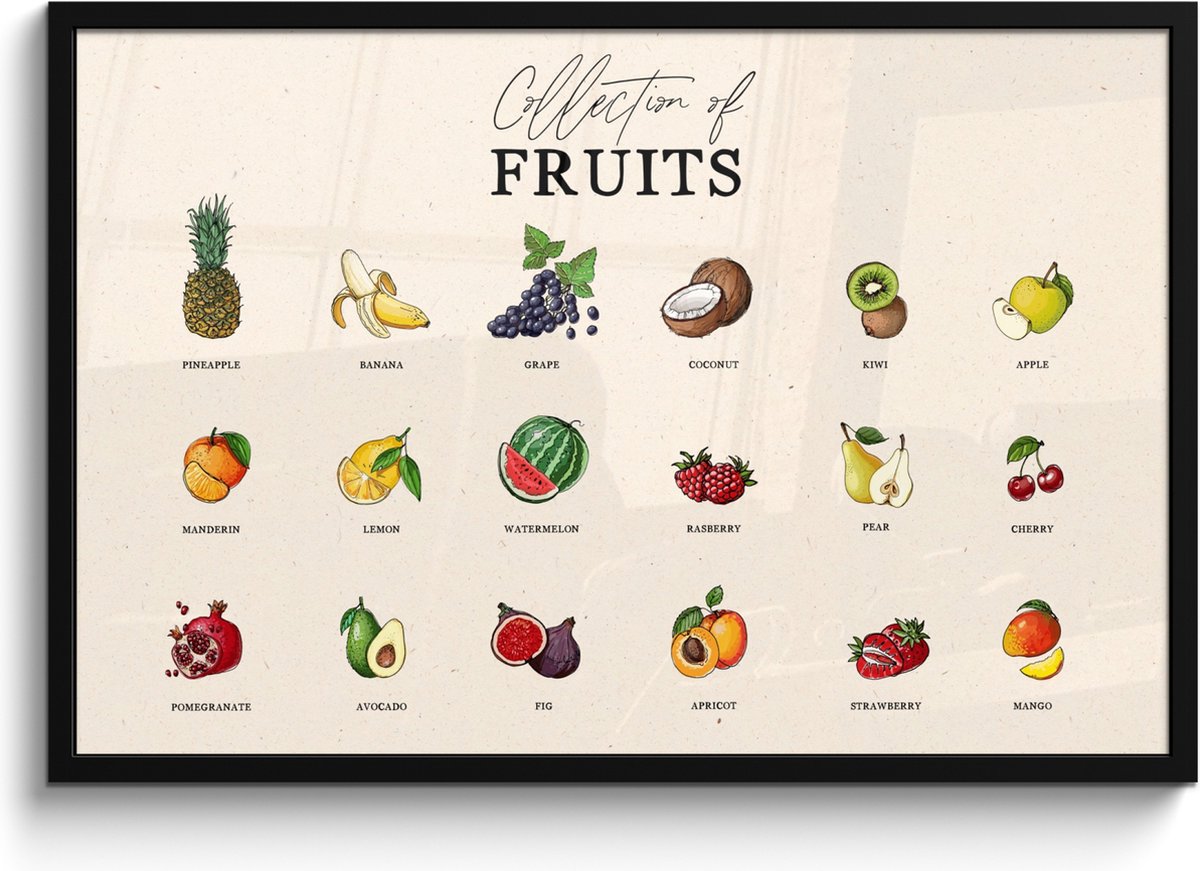 FrameYourWall Fotolijst inclusief poster - Posterlijst 90x60 cm - Posters - Fruit soorten - Kleurrijk - Eten - Vintage - Foto in lijst - Keuken decoratie muur - Wanddecoratie accessoires - Muurdecoratie - Schilderijen fruit - overzicht