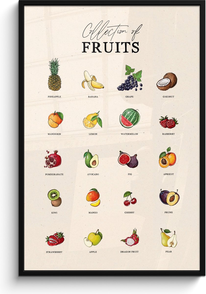 FrameYourWall Fotolijst inclusief poster - Posterlijst 80x120 cm - Posters - Fruit soorten - Kleurrijk - Eten - Vintage - Foto in lijst - Keuken decoratie muur - Wanddecoratie accessoires - Muurdecoratie - Schilderijen fruit - overzicht