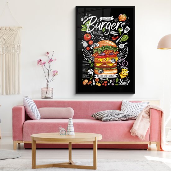 Fotolijst inclusief poster - Posterlijst 80x120 cm - Posters - Hamburger - Menu - Kleurrijk - Doodle - Tekstbord - Foto in lijst - Keuken decoratie muur - Wanddecoratie accessoires - Muurdecoratie - Schilderijen
