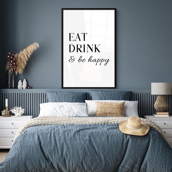 Cadre photo avec affiche - Cadre pour affiche 80x120 cm - Posters - Citation - 'Eat, Drink & be happy' - Zwart - Wit - Photo dans cadre - Décoration murale de Cuisine - Accessoires de Décoration murale - Décoration murale - Peintures