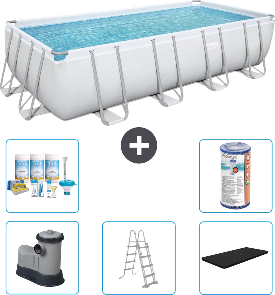 Bestway Rechthoekig Power Steel Zwembad - 549 x 274 x 122 - Grijs - Inclusief Pomp - Ladder - Afdekzeil Onderhoudspakket - Filter