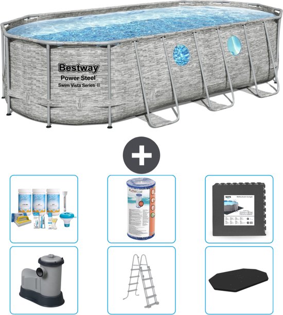 Bestway Ovaal Power Steel Swim Vista Zwembad - Steenprint - 549 x 274 x 122 - Inclusief Pomp - Ladder - Afdekzeil Onderhoudspakket - Filter - Vloertegels