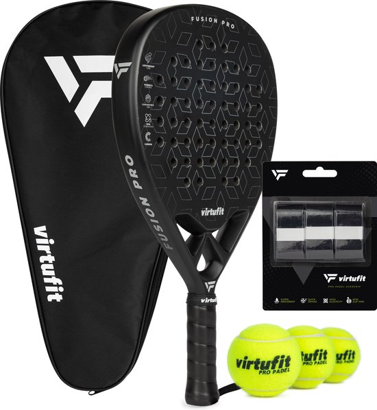 VirtuFit Fusion Pro Padel Set - Zwart / Zilver - Incl. Tas, 3 Ballen & Overgrips
