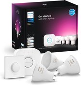 Bol.com Philips Hue starterkit - wit en gekleurd licht - 3 lampen - 1 smart button - GU10 aanbieding