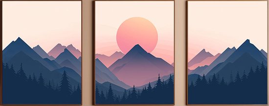 Betoverende Zonsopkomst in de Bergen - 3-Luik Posterset 50x70cm met witte kunststof lijst- Prachtig canvas vol kleuren