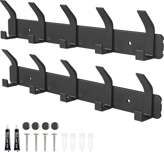Garderobehaken, zwart, met 5 haken, deurhaken voor badkamer, keuken, woonkamer en hal, 2 stuks
