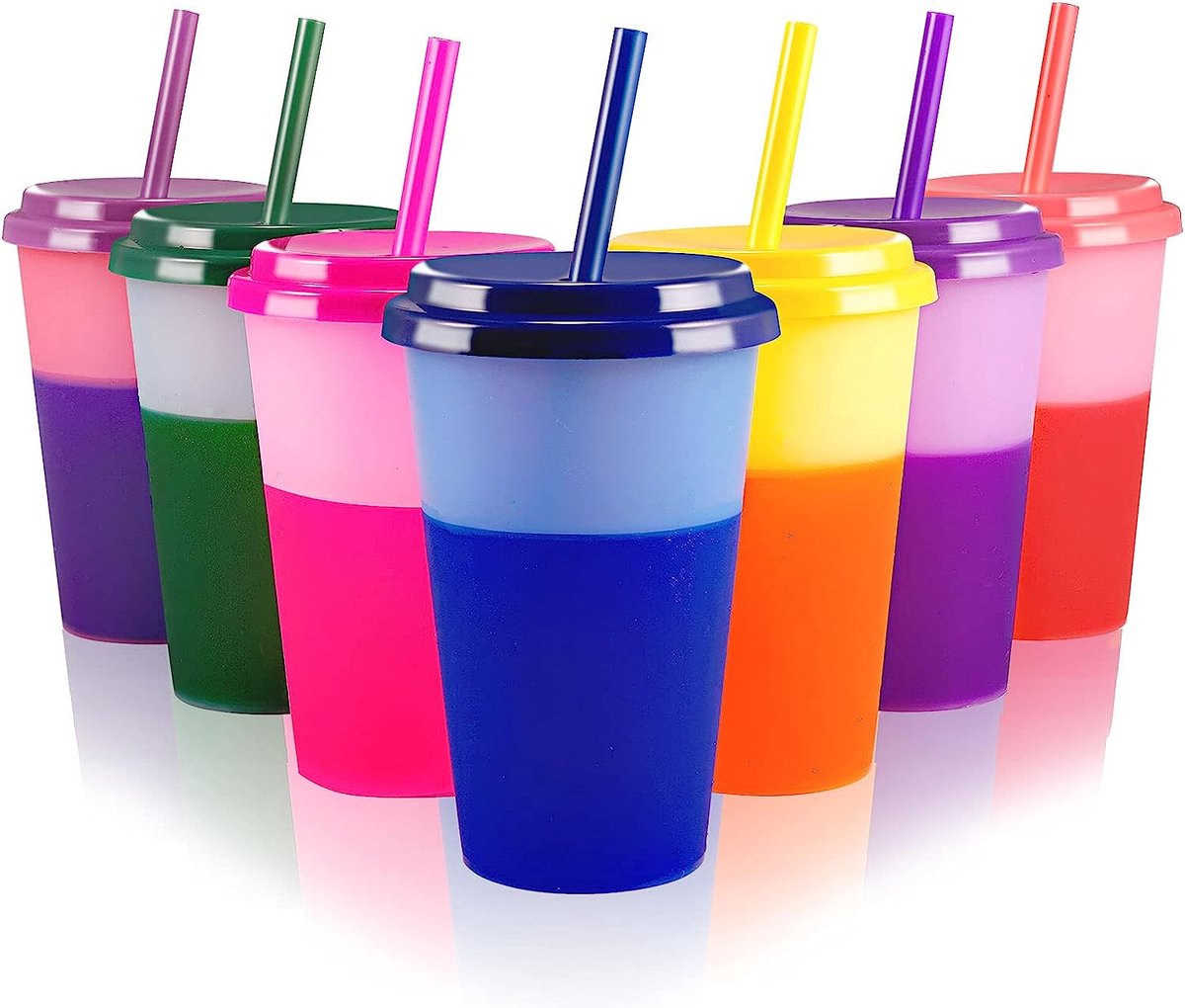 Goedkoopste beker, drinkbeker met rietje en deksel, 350 ml, kleurveranderende beker, herbruikbare plastic beker, kinderbeker, beker, beker, reismok, ijskoffie, koud drinken, smoothie, sap, verpakking van 7 stuks