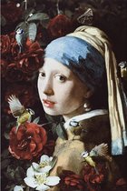 Allernieuwste.nl® Canvas Schilderij Meisje met de Parel en Bloemen - Johannes Vermeer - Kleur - 60 x 90 cm