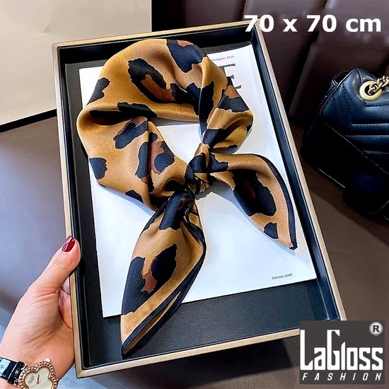 LaGloss® Luxe Vintage Luipaard print Sjaal - Winddicht & Zonbeschermend - Hoofddoek - Haar accessoire - Bruin Zwart Kleurblok - Vierkant - 70 x 70 cm %%