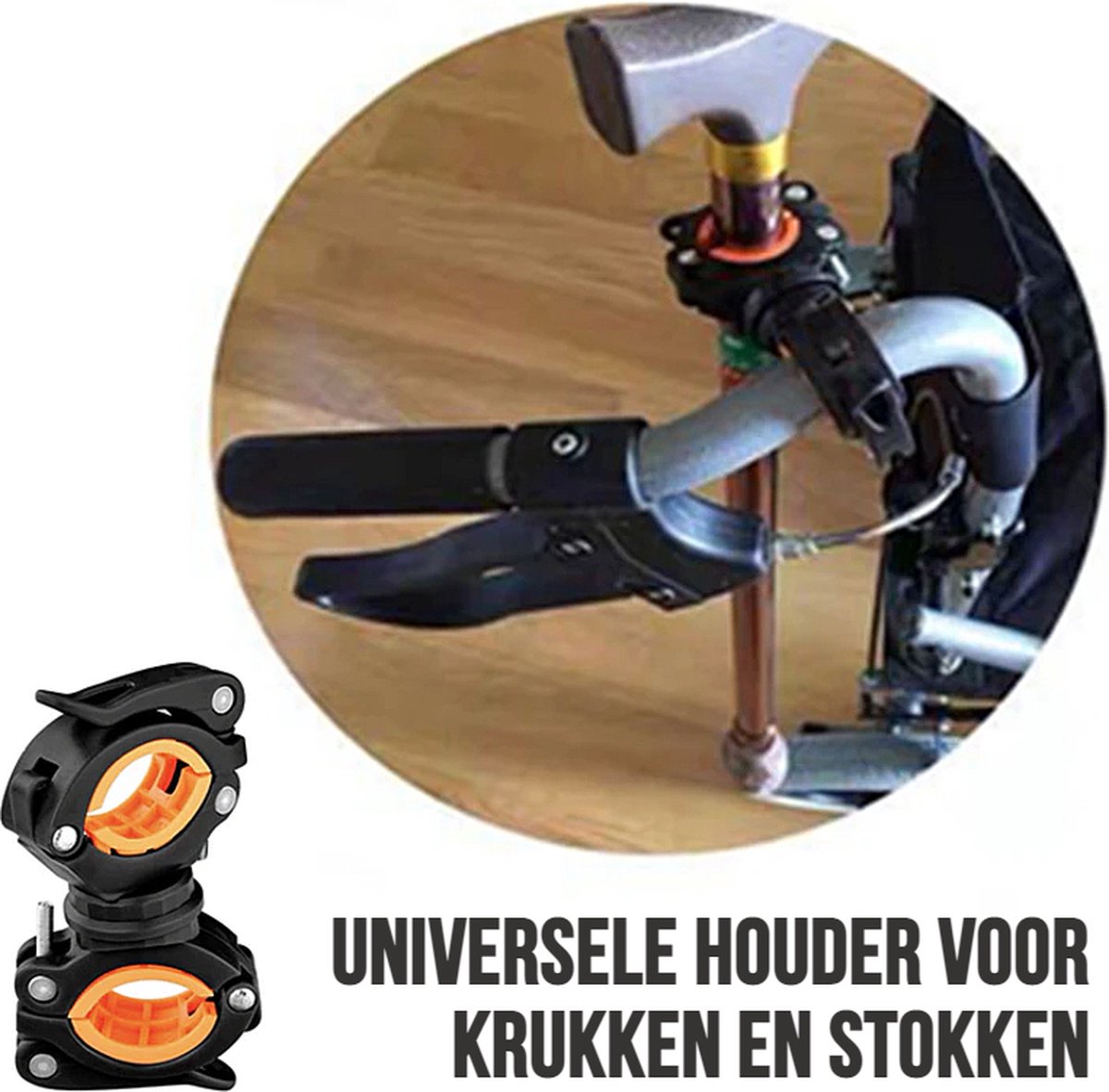 Goedkoopste Allernieuwste.nl® Stokhouder Krukhouder voor Scootmobiel Rolstoel Fiets Rollator - Sterke Universele Wandelstok Krukkenhouder - Zwart-Oranje