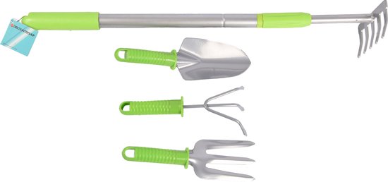Groen & Zilveren Tuingereedschap Set - Gemaakt Van Metaal En Plastic| Inhoud1 Hark En 3stuks Tuingereedschap - Hark verstelbaar tot 90 cm - Tuingereedschap met 25*8cm| Onmisbaar Voor Tuinonderhoud van Groën — afbeelding 3