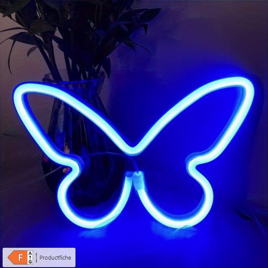 Neon Lamp - Vlinder - Blauw - 22x15cm- Excl. 3 AA batterijen - Neon Verlichting - Wandlamp