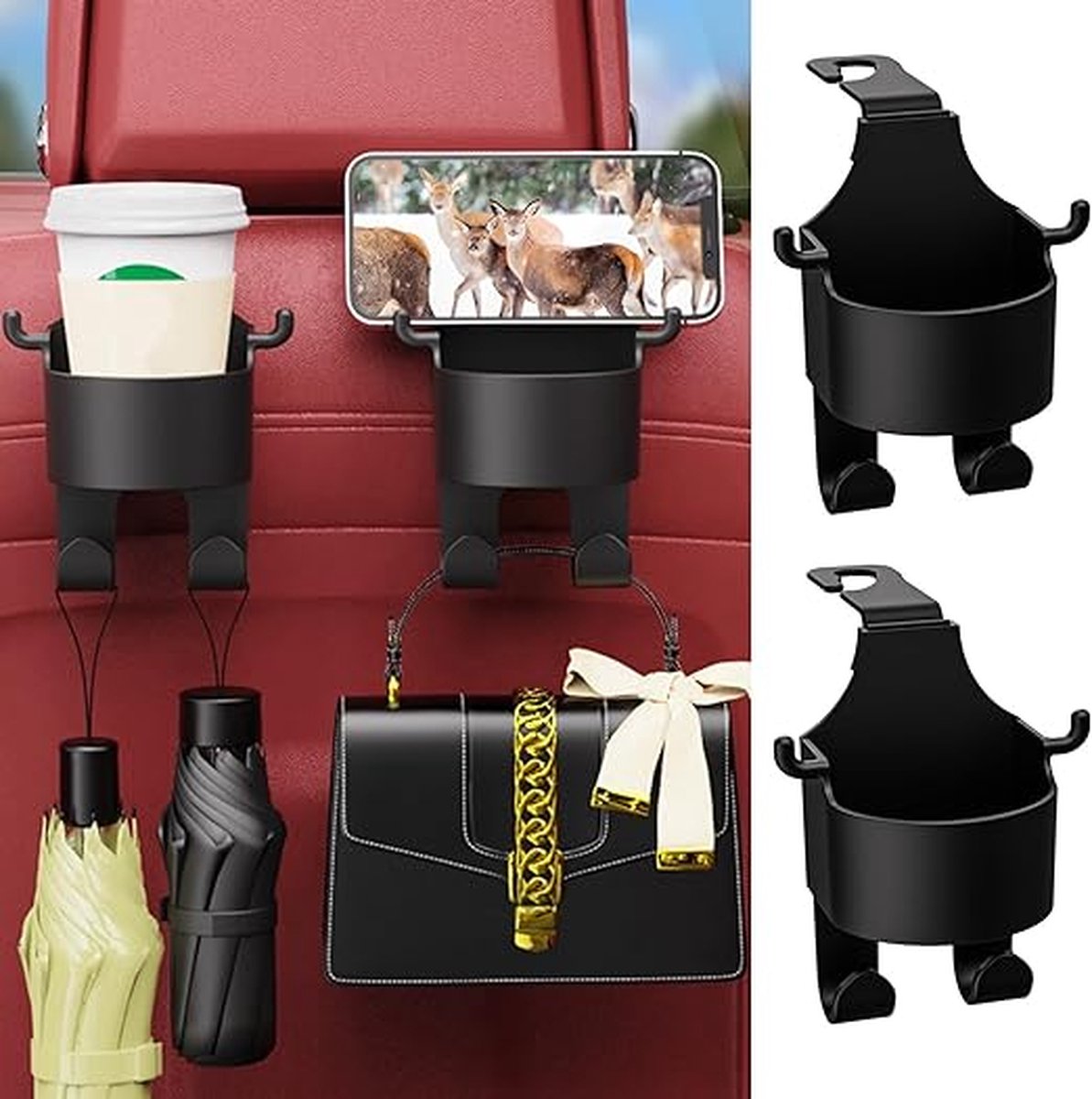 Narimano® haak voor autostoelleuningen, autohoofdsteunen, bekerhouder, 2-in-1 hoofdsteunhaak, bekerhouder, autohoofdsteunhaak, autobekerhouder