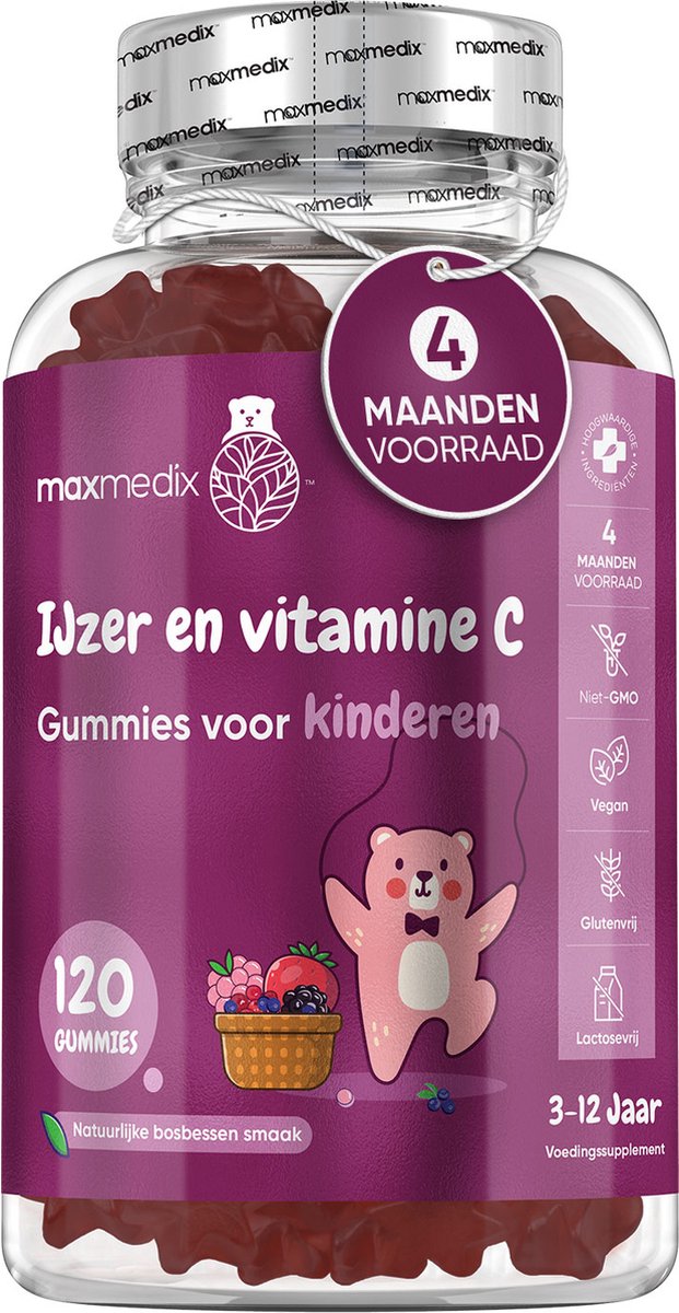 Goedkoopste maxmedix IJzer en Vitamine C gummies voor kinderen - IJzer ondersteunt de aanmaak van rode bloedlichaampjes - 120 vegan gummies voor 4 maanden